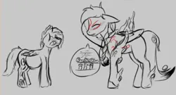 Size: 862x465 | Tagged: safe, artist:barhandar, oc, oc:ebony winds, oc:windswept skies, pony, amaterasu, amaterasu (okami), body markings, braid, clothes, collar, cosplay, costume, egypt, eyes closed, facehoof, facial marking, female, floppy ears, gray background, image, male, mare, nightmare night, okami, partial color, png, pregnant, simple background, sketch, stallion, tattoo