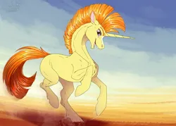 Size: 1600x1143 | Tagged: safe, artist:sunny way, derpibooru import, sunny starscout, sunspot, pony, unicorn, g1, g5, digital art, feral, galloping, happy, horn, image, male, open mouth, palindrome get, png, reward, run, running, savanna, sky, smiling, solo
