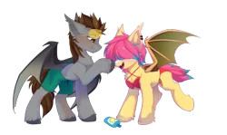 Size: 1280x765 | Tagged: safe, artist:empress-twilight, artist:magnaluna, derpibooru import, oc, oc:devin, oc:sherbet, unofficial characters only, bat pony, pony, derpibooru community collaboration, 2026 community collab, bikini, blushing, clothes, commission, community collab, couple, cute, duo, ear piercing, earring, female, hair over eyes, image, jewelry, male, mare, multicolored hair, oc x oc, piercing, png, red bikini, shipping, simple background, smiling, stallion, straight, sunglasses, sunscreen, swimsuit, transparent background, unshorn fetlocks
