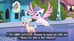 Size: 7001x3939 | Tagged: safe, artist:toonacy, derpibooru import, part of a set, cozy glow, princess flurry heart, alicorn, bat pony, pegasus, pony, series:future twilight, g4, g5, my little pony: tell your tale, alternate hairstyle, bandage, bandaged wing, bat pony cozy glow, bush, crystal empire, derpibooru exclusive, dialogue, duo, duo focus, fake screencap, fangs, female, filly, flashback, flying, foal, furrowed brow, g4 to g5, generation leap, headcanon, house, i can't believe it's not hasbro studios, image, lamppost, lesbian, messy mane, nocturna, older, older cozy glow, older flurry heart, outdoors, part of a series, png, raised hoof, ship:cozyheart, shipping, show accurate, slit pupils, smug, spread wings, teenager, unshorn fetlocks, walking, watermark, wings