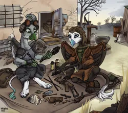 Size: 2400x2120 | Tagged: safe, artist:rasmary, derpibooru import, oc, oc:hard rock, oc:tod, unofficial characters only, gryphon, semi-anthro, fallout equestria, 2025, armor, art, badlands, bag, beak, building, carbine, cleaning, clothes, coat, concrete, detailed, digital art, duo, duo male and female, evening, feather, female, friends, friendship, full body, fur, grass, griffon oc, gun, gun cleaning, high res, illustration, image, long tail, male, male and female, mercenary, outdoors, paws, png, rust, sit, sitting, sky, smiling, tactical glasses, tail, tree, wasteland, weapon, wings