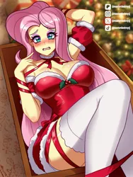 Size: 1536x2048 | Tagged: safe, artist:masterdestroyzj, derpibooru import, fluttershy, human, equestria girls, g4, 2d, adult, alternate universe, bare shoulders, blushing, breasts, christmas, christmas 2025, christmas decoration, christmas lights, christmas tree, cleavage, decoration, eyeshadow, female, hat, holiday, image, instagram, jpeg, legs, legs together, looking at you, looking up, looking up at you, makeup, meta, midriff, mistletoe, nervous, patreon, patreon logo, pink eyeshadow, ribbon, santa hat, solo, tiktok, tree, xitter