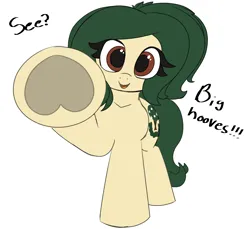 Size: 3000x2750 | Tagged: safe, artist:allhallowsboon, derpibooru import, oc, oc:myrtle remedy, unofficial characters only, earth pony, pony, :d, big hooves, brown eyes, collarbone, cutie mark, dialogue, earth pony oc, eye clipping through hair, female, frog (hoof), green mane, heart, hoof heart, image, imminent boop, looking at you, mare, mare oc, open mouth, open smile, png, raised hoof, simple background, smiling, smiling at you, solo, text, underhoof, white background, yellow coat