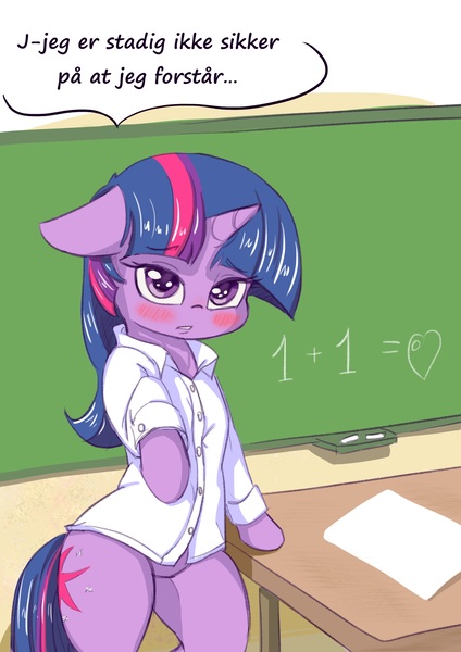 Size: 2480x3508 | Tagged: safe, artist:alcor, derpibooru import, edit, twilight sparkle, pony, semi-anthro, unicorn, g4, bipedal, bipedal leaning, blushing, chalkboard, clothes, danish, dialogue, female, floppy ears, frown, heart, high res, hind legs, horn, image, jpeg, leaning, lidded eyes, looking at you, mare, math, raised hoof, shirt, solo, table, translation, unicorn twilight