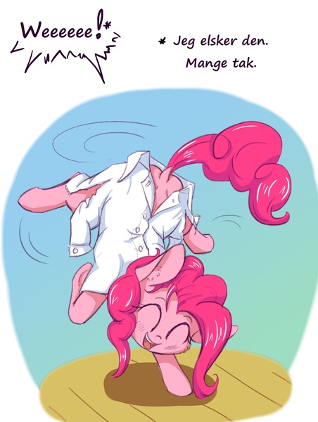 Size: 2313x3072 | Tagged: safe, artist:alcor, derpibooru import, edit, pinkie pie, earth pony, pony, g4, balancing, blushing, cheek fluff, clothes, cute, danish, dialogue, diapinkes, dock, ear fluff, eyes closed, female, fluffy, happy, high res, image, jpeg, leg fluff, looking at you, mare, open mouth, pinkie being pinkie, shirt, smiling, solo, tail, translation, underhoof, upside down, wat, you're doing it wrong