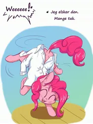 Size: 2313x3072 | Tagged: safe, artist:alcor, derpibooru import, edit, pinkie pie, earth pony, pony, g4, balancing, blushing, cheek fluff, clothes, cute, danish, dialogue, diapinkes, dock, ear fluff, eyes closed, female, fluffy, happy, high res, image, jpeg, leg fluff, looking at you, mare, open mouth, pinkie being pinkie, shirt, smiling, solo, tail, translation, underhoof, upside down, wat, you're doing it wrong