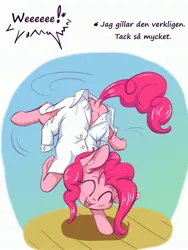 Size: 2313x3072 | Tagged: safe, artist:alcor, derpibooru import, edit, pinkie pie, earth pony, pony, g4, balancing, blushing, cheek fluff, clothes, cute, dialogue, diapinkes, dock, ear fluff, eyes closed, female, fluffy, happy, high res, image, jpeg, leg fluff, looking at you, mare, open mouth, pinkie being pinkie, shirt, smiling, solo, swedish, tail, translation, underhoof, upside down, wat, you're doing it wrong