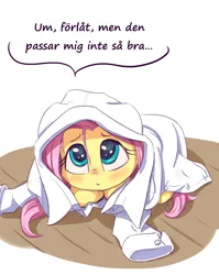 Size: 2480x3112 | Tagged: safe, artist:alcor, derpibooru import, edit, fluttershy, pegasus, pony, g4, :o, alcor is trying to murder us, blushing, cheek fluff, clothes, cute, daaaaaaaaaaaw, dialogue, female, hiding, high res, hnnng, image, jpeg, looking at you, looking up, looking up at you, lying down, open mouth, oversized clothes, precious, prone, shirt, shy, shyabetes, smol, smolshy, solo, swedish, translation, weapons-grade cute