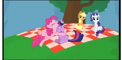 Size: 1092x540 | Tagged: safe, derpibooru import, edit, vector edit, applejack, pinkie pie, rarity, twilight sparkle, smile hd, g4, alternative ending, eyes closed, female, happy, hug, image, jumping, laughing, lesbian, mountain, picnic, png, shipping, tree, twinkie, under the tree, vector