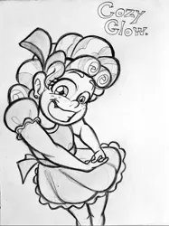 Size: 766x1024 | Tagged: safe, artist:pablosjuarez, derpibooru import, cozy glow, human, g4, big grin, clothes, creepy, creepy smile, dress, female, fingers interlocked, grayscale, grin, hands together, humanized, image, jpeg, looking at you, monochrome, name, pencil drawing, smiling, smiling at you, solo, traditional art