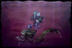 Size: 1500x1000 | Tagged: safe, artist:smolfluffybun, derpibooru import, oc, oc:eduard, oc:snow light, unofficial characters only, classical unicorn, sea pony, unicorn, fanfic, series:the snow seed, accessory, air bubble, angry, asphyxiation, bag, boots, bubble, clothes, cloven hooves, drowned, drowning, duo, duo male, eyelashes, fanfic art, fantasy, fight, fin wing, fins, fish tail, hat, horn, illustration, image, jpeg, leonine tail, long hair, male, panic, peril, prince, shoes, suffocating, tail, underwater, unshorn fetlocks, water