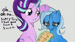 Size: 3840x2160 | Tagged: safe, artist:zekn_pony, derpibooru import, starlight glimmer, trixie, pony, unicorn, g4, balding, comforting, crying, drawing, duo, forced meme, glow, glowing horn, gray background, horn, image, jpeg, male pattern baldness, male to female, meme, norwood scale, rule 63, simple background, trans trixie, transgender, transgender female