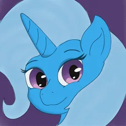 Size: 2048x2048 | Tagged: safe, artist:ponycruz, derpibooru import, trixie, pony, unicorn, g4, blue body, bust, close-up, cute, detailed eyes, digital art, eyelashes, female, head only, horn, image, jpeg, light blue mane, lineart, mare, portrait, pupils, purple background, purple eyes, shading, simple background, smiling, soft shading, solo, solo female