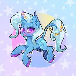 Size: 2000x2000 | Tagged: safe, artist:insanitired, derpibooru import, trixie, classical unicorn, pony, unicorn, g4, :p, blue, blue coat, blue mane, blushing, bubble, cloven hooves, colored, colored pupils, curved horn, cute, details, ear fluff, floating, full body, highlights, hooves, horn, image, jewelry, leonine tail, lineart, long mane, long tail, looking at you, looking back, looking back at you, meme, moon, png, purple, purple eyes, purple hooves, shading, shiny, simple background, simple pose, solo, special eyes, stars, sticker design, tail, tongue out, unshorn fetlocks
