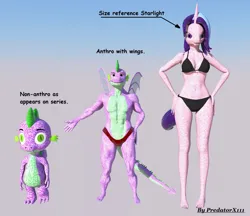 Size: 1280x1107 | Tagged: suggestive, artist:predatorx111, derpibooru import, spike, starlight glimmer, anthro, unicorn, g4, 3d, barefoot, bra, breasts, clothes, feet, female, gradient background, hand, horn, image, jpeg, looking, male, muscles, panties, reupload, tail, tall, transformation, underwear, wings
