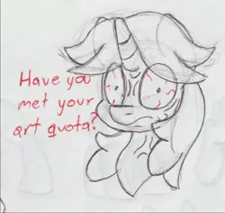Size: 999x943 | Tagged: safe, artist:unitxxvii, derpibooru import, oc, oc:talim, unofficial characters only, pony, unicorn, bloodshot eyes, bust, cross-popping veins, dialogue, emanata, female, horn, image, jpeg, looking at you, mare, monochrome, partial color, pen drawing, pinpoint eyes, solo, traditional art, vein bulge
