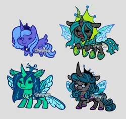 Size: 2048x1932 | Tagged: safe, artist:wuyou, derpibooru import, princess luna, queen chrysalis, alicorn, changedling, changeling, pony, g4, chibi, dot eyes, female, gameloft, gameloft interpretation, glasses, gray background, image, jpeg, mare, mirror universe, purified chrysalis, reversalis, s1 luna, simple background, smiling, spread wings, ultimate chrysalis, watermark, wings
