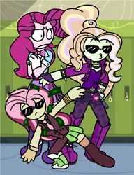 Size: 1184x1544 | Tagged: safe, artist:prettycelestia, derpibooru import, coloratura, oc, oc:pandora azurine, oc:stella starcatcher, oc:violetta belle, unofficial characters only, human, equestria girls, g4, countess coloratura, dab, dunked, fusion, fusion:adagio dazzle, fusion:coloratura, fusion:discord, fusion:fluttershy, fusion:pinkie pie, fusion:rarity, glasses, image, png, school, trendy style, trio, worried