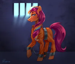 Size: 2600x2200 | Tagged: safe, artist:sarpiza_, derpibooru import, sunny starscout, g5, clothes, commissioner:rainbowdash69, cuffed, cuffs, image, jail, jpeg, never doubt rainbowdash69's involvement, prison, prison outfit, prisoner, prisoner ss, shackles