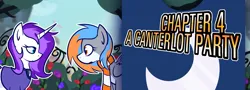 Size: 1763x638 | Tagged: safe, artist:ossilia flawol, derpibooru import, oc, oc:portal bump, oc:selene moonlight, unofficial characters only, pegasus, pony, unicorn, fanfic:bookmarks of you and i, g4, canterlot gardens, clothes, duo, duo female, female, horn, image, mare, pegasus oc, png, portalsparkle au, scarf, unicorn oc