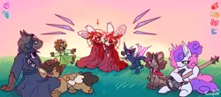 Size: 2000x880 | Tagged: safe, artist:furufoo, artist:impamy, derpibooru import, oc, oc:comet (furufoo), oc:lizard, oc:nyx (furufoo), oc:snowfeather, alicorn, changeling, dragon, pegasus, pony, rabbit, unicorn, animal, aureola, bass guitar, big ears, blood, blood on face, blood splatter, brooch, bucktooth, button eyes, cape, capybara, child, cloak, clothes, collar, cross, cross necklace, ear piercing, earring, fangs, foal, furry, furry oc, glasses, group, guitar, halo, horn, horns, image, inverted cross, jewelry, musical instrument, necklace, petting, piercing, plushie, png, quadrupedal, ram horns, rosary, sunset