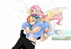Size: 2360x1640 | Tagged: safe, artist:0rcazone, derpibooru import, fluttershy, rainbow dash, human, g4, may the best pet win, anime style, belly, belly button, carrying, clothes, cutie mark, cutie mark on clothes, duo, female, flutterdash, flying, humanized, image, jacket, jpeg, lesbian, long hair, multicolored hair, my little pony, pink hair, pouting, rainbow hair, scene interpretation, shipping, simple background, smiling, speech bubble, white background, winged humanization, wings, wristband, yapping