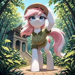 Size: 4704x4704 | Tagged: safe, ai content, ai generated, derpibooru import, generator:yiffymix v63, prompter:thedaren666, stable diffusion, nurse redheart, earth pony, pony, g4, ai composition, clothes, daring do costume, day, ear fluff, eyebrows, female, flowing mane, flowing tail, fluffy, forest, hat, hoof on head, image, jpeg, jungle, korean, looking forward, low angle, mare, moon runes, nature, outdoors, serious, shirt, solo, standing, table, tail, temple, tree
