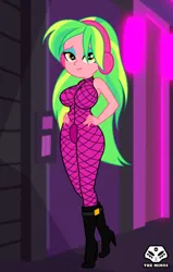 Size: 800x1258 | Tagged: suggestive, alternate version, artist:theminus, derpibooru import, lemon zest, equestria girls, g4, alley, alternate character, big breasts, bodysuit, boots, breasts, busty lemon zest, clothes, crossed legs, female, hand on hip, headphones, high heel boots, image, jpeg, looking at you, shoes, smiling, smiling at you, solo, solo female, unitard, watermark