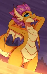 Size: 3500x5500 | Tagged: safe, artist:shadowreindeer, derpibooru import, smolder, anthro, dragon, g4, arm behind head, armpits, cute, dragoness, featureless crotch, female, image, jpeg, lava, solo, tongue out, wide hips