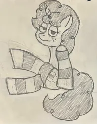 Size: 1475x1881 | Tagged: safe, artist:psi_mae, derpibooru import, oc, oc:pixel prefab, pony, unicorn, clothes, curly hair, curly mane, curly tail, female, freckles, horn, image, jpeg, legwear, mare, pencil drawing, raised leg, sitting, socks, solo, striped socks, sultry, sultry pose, tail, traditional art, unicorn oc, wip