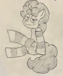 Size: 1549x1850 | Tagged: safe, artist:psi_mae, derpibooru import, oc, oc:pixel prefab, unofficial characters only, pony, unicorn, clothes, curly hair, curly mane, curly tail, female, fixed, horn, image, jpeg, legwear, mare, mare oc, pencil drawing, socks, solo, striped socks, sultry, sultry pose, tail, traditional art, unicorn oc, updated