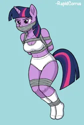 Size: 3392x5056 | Tagged: suggestive, ai assisted, ai content, artist:theboundinkling, derpibooru import, twilight sparkle, anthro, g4, ai interpretation, bondage, bound and gagged, clothes, duct tape, gag, hopping, image, png, signature, simple background, solo, tape, tape gag, tied up, underwear, white underwear