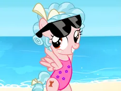 Size: 1773x1333 | Tagged: safe, anonymous artist, derpibooru import, cozy glow, pegasus, pony, g4, beach, bipedal, clothes, female, filly, foal, grin, hooves behind head, image, my little pony, one-piece swimsuit, outdoors, pink swimsuit, png, simple background, smiling, solo, solo female, stretching, sunglasses, sunglasses on head, swimsuit, transparent background