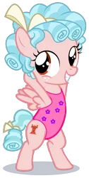 Size: 846x1680 | Tagged: safe, anonymous artist, derpibooru import, cozy glow, pegasus, pony, g4, bipedal, clothes, female, filly, foal, grin, hooves behind head, image, my little pony, one-piece swimsuit, pink swimsuit, png, simple background, smiling, solo, solo female, stretching, swimsuit, transparent background