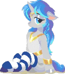Size: 628x712 | Tagged: safe, artist:resu, artist:unclechai, derpibooru import, oc, oc:cork, unicorn, clothes, digital art, egyptian, female, greek, horn, image, jewelry, legwear, pixel art, png, simple background, socks, stockings, thigh highs, transparent background, unicorn oc, wplace