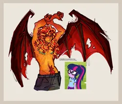 Size: 1859x1582 | Tagged: safe, artist:shimmerclaws_, derpibooru import, sci-twi, sunset shimmer, twilight sparkle, demon, equestria girls, g4, clothes, image, implied lesbian, implied scitwishimmer, implied shipping, male, nudity, partial nudity, png, rule 63, scar, stretch, surgery scar, top scars, topless, trans male, trans sunset shimmer, transgender
