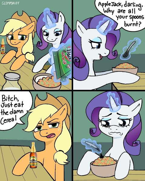 Size: 1080x1350 | Tagged: safe, artist:glompsalot, derpibooru import, applejack, rarity, earth pony, pony, unicorn, g4, alcohol, apple jacks, applejack's hat, beer, bitch, bowl, cereal, cereal box, cider, comic, cowboy hat, drink, duo, duo female, eyeshadow, female, food, glow, hat, horn, image, implied drug use, implied drugs, insult, jpeg, lesbian, magic, makeup, open mouth, rarijack, sad, shipping, spoon, vulgar