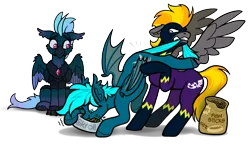 Size: 2586x1516 | Tagged: safe, artist:helmie-art, derpibooru import, oc, oc:blaze (shadowbolt), oc:dark skroll, oc:guttatus, unofficial characters only, bat pony, hippogriff, pegasus, derpibooru community collaboration, 2026 community collab, armor, bat pony oc, behaving like a cat, hippogriff oc, image, pegasus oc, pet bowl, png, shadowbolts, simple background, storm guard, tail, tail pull, transparent background, trio