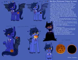 Size: 3300x2550 | Tagged: safe, artist:stephaniethecrepe, derpibooru import, oc, oc:blue "eclipse" hour, unofficial characters only, bat pony, pony, bat pony oc, bat wings, blue background, clothes, eclipse, eeee, fangs, food, glow, glowing eyes, image, mango, necktie, png, reference sheet, simple background, solo, text, wings