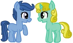 Size: 480x286 | Tagged: safe, artist:flamefyre1235, derpibooru import, scootablue, sun glimmer, earth pony, pony, unicorn, g4, 2013, archer (g4), archerbetes, background fillies, background pony, belle pepper, blank flank, cute, cute glimmer, eye contact, female, filly, foal, grin, horn, image, looking at each other, looking at someone, open mouth, open smile, png, raised hoof, simple background, smiling, standing, white background