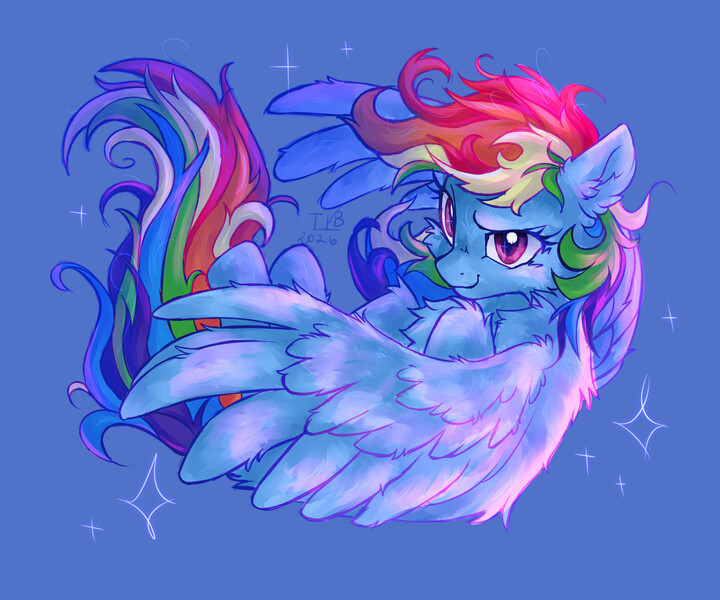 Size: 3000x2500 | Tagged: safe, artist:thunderball, derpibooru import, rainbow dash, pegasus, pony, g4, blue background, chest fluff, ear fluff, female, fluffy, flying, image, jpeg, looking at you, mare, signature, simple background, smiling, smirk, solo, spread wings, wings