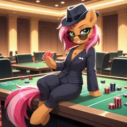 Size: 4704x4704 | Tagged: safe, ai content, ai generated, derpibooru import, generator:yiffymix v63, prompter:thedaren666, stable diffusion, babs seed, earth pony, pony, g4, ai composition, blazer, card, casino, casino chips, chair, clothes, crossed legs, ear fluff, eyebrows, fangs, fedora, female, fluffy, freckles, golden, grin, hat, holding something, image, indoors, jewelry, jpeg, looking at you, looking sideways, necklace, on table, open mouth, pants, pockets, signature, sitting, sitting on table, smiling, solo, suit, sunglasses, table, teeth