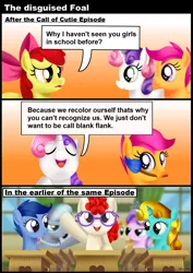 Size: 1920x2716 | Tagged: safe, artist:leonkay, derpibooru import, apple bloom, diamond tiara, liza doolots, noi, petunia, scootablue, scootaloo, silver spoon, sun glimmer, sweetie belle, tootsie flute, twist, earth pony, pegasus, pony, unicorn, call of the cutie, g4, season 1, archer (g4), background fillies, background pony, comic, cutie mark crusaders, disguise, female, filly, foal, horn, image, indoors, jpeg, my little pony, paintbrush, ponyville schoolhouse, school, talking