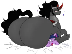 Size: 2765x2079 | Tagged: suggestive, artist:freedom, artist:polofastter, derpibooru import, king sombra, twilight sparkle, g4, broken horn, butt, butt shot, eyeshadow, fat, horn, huge butt, hyper, hyper butt, image, impossibly large butt, large butt, looking down, makeup, no ears, png, simple background, thump, transparent background, wide hips
