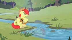 Size: 5000x2813 | Tagged: safe, artist:alicesponycorner, derpibooru import, bright mac, earth pony, pony, g4, adobe animate, adobe flash, apple family member, eyebrows, floppy ears, grass, guitar, hat, hoof fluff, image, looking down, male, meadow, musical instrument, my little pony, open mouth, outdoors, playing guitar, playing instrument, png, red mane, red tail, reflection, reflection in water, river, rock, sad, show accurate, stallion, tail, tree, upset, water, yellow coat