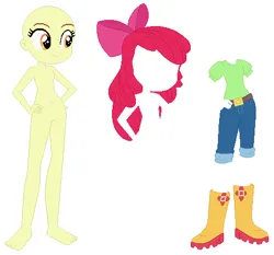 Size: 470x438 | Tagged: safe, artist:selenaede, derpibooru import, apple bloom, equestria girls, g4, bald, barbie doll anatomy, base, base:selenaede, belly, belly button, belt, boots, bow, breasts, clothes, denim, denim shorts, featureless breasts, featureless crotch, female, hair, hair bow, image, jeans, nudity, pants, png, puffy sleeves, rubber boots, shirt, shoes, shorts, solo, t-shirt, wellington boots