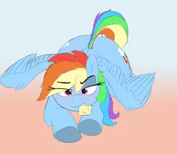 Size: 3254x2840 | Tagged: suggestive, artist:maranium, derpibooru import, rainbow dash, pegasus, pony, g4, bedroom eyes, blushing, butt, condom, condom in mouth, image, looking at you, mouth hold, plot, png, smiling, solo