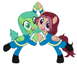 Size: 2000x1748 | Tagged: safe, artist:lightdealer2235, artist:makotomt, derpibooru import, oc, oc:toxic rat, unnamed oc, unofficial characters only, pegasus, pony, derpibooru community collaboration, 2026 community collab, base, base used, bipedal, boots, clothes, commission, cosplay, costume, crossover, cute, duo, duo female, fallout, female, image, jumpsuit, mare, open mouth, pants, png, shoes, simple background, squishy cheeks, transparent background, vault suit