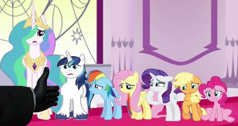 Size: 1320x703 | Tagged: safe, derpibooru import, edit, edited screencap, screencap, applejack, fluttershy, pinkie pie, princess celestia, rainbow dash, rarity, shining armor, alicorn, earth pony, pegasus, pony, unicorn, a canterlot wedding, g4, cameraman, crown, crying, female, floppy ears, folded wings, frown, guilty, horn, image, implied chrysalis, implied princess cadance, implied twilight sparkle, jewelry, jpeg, looking at you, looking down, male, mare, my little pony, open mouth, pov-cameraman, regalia, sad, sitting, skibidi toilet, sorry, stallion, teary eyes, thank you, thumbs up, well that escalated quickly, wings