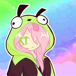 Size: 2048x2048 | Tagged: safe, artist:hwrmny, derpibooru import, fluttershy, human, g4, :<, antonymph, clothes, cute, female, fluttgirshy, gir, gradient background, high res, hoodie, humanized, image, invader zim, jpeg, looking at you, rainbow background, shyabetes, solo